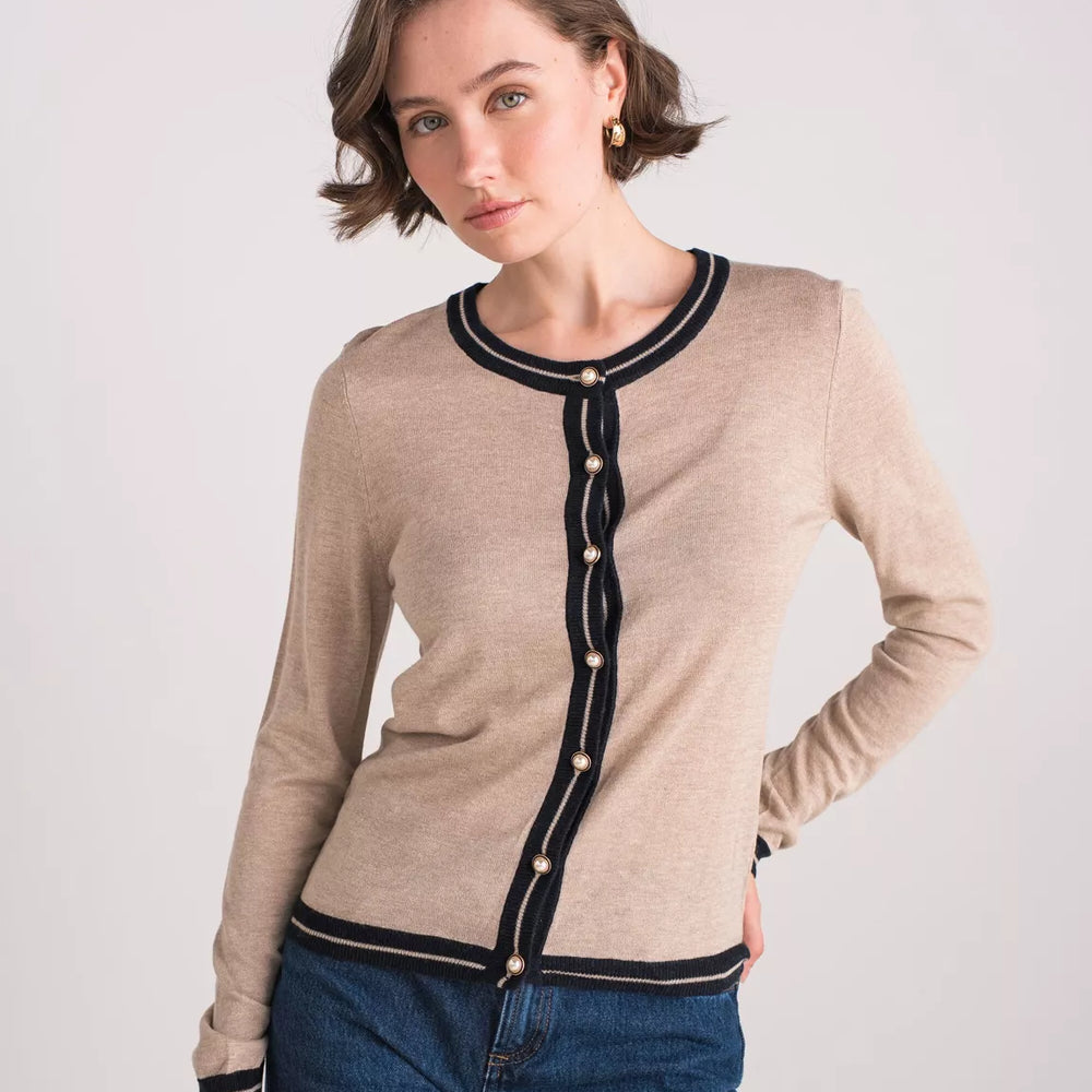 
                      
                        Two-tone silk and cashmere cardigan with pearl buttons
                      
                    