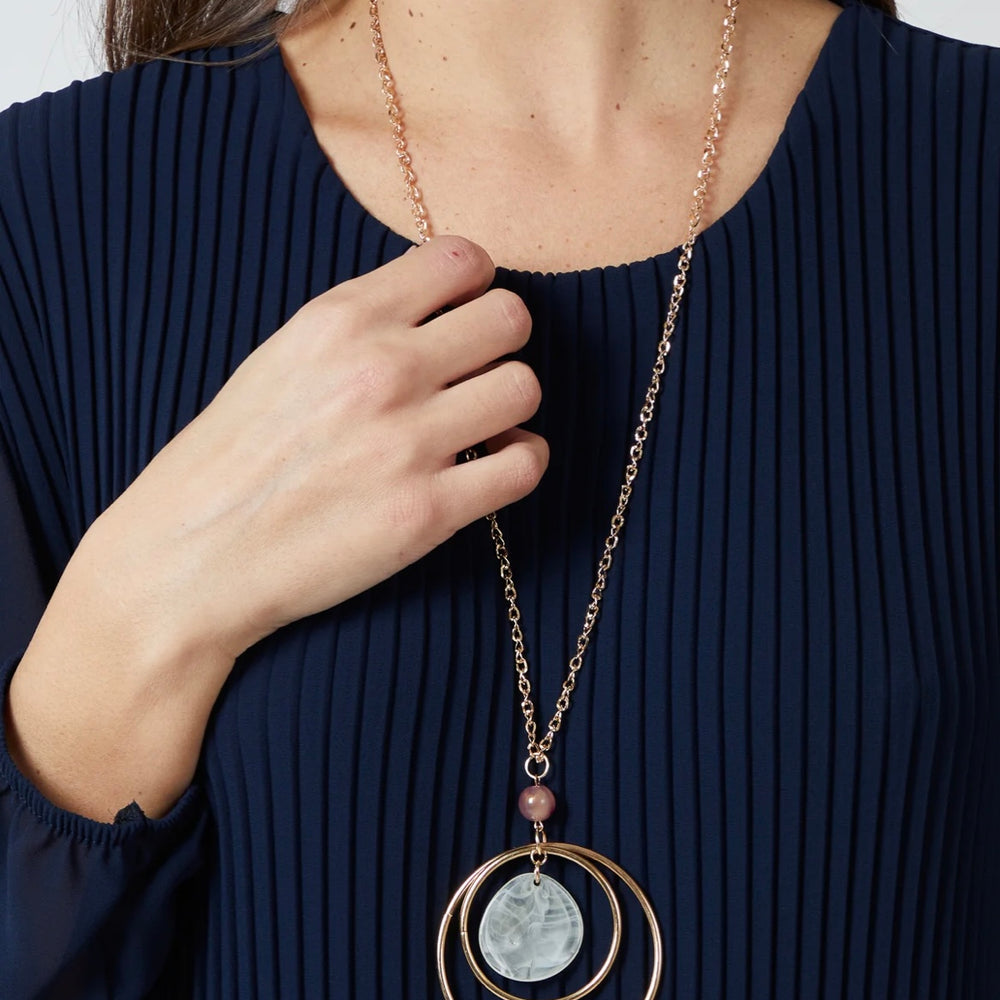 Pleated Long Sleeve Necklace Top - Navy
