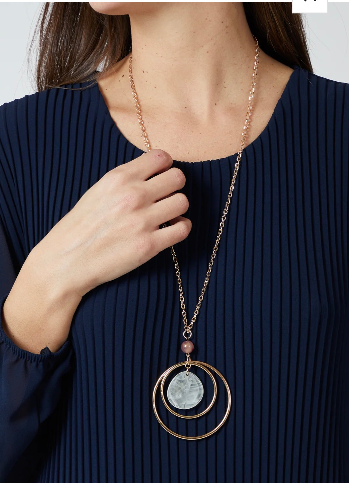 Pleated Long Sleeve Necklace Top - Navy