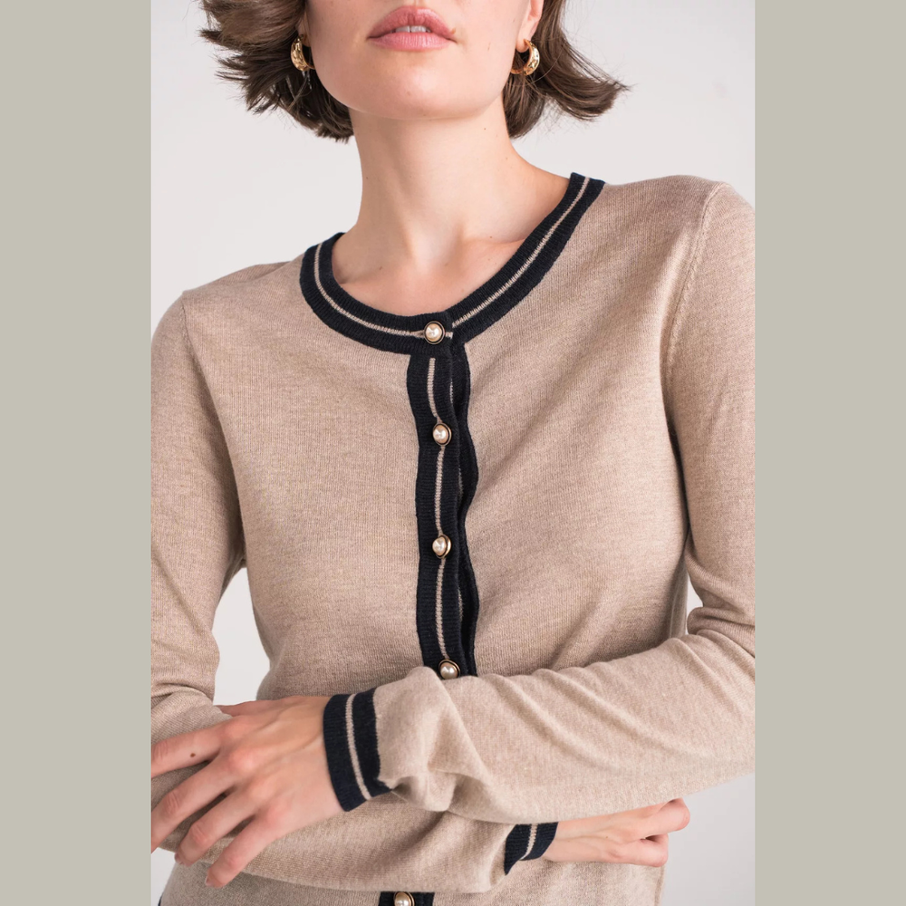 Two-tone silk and cashmere cardigan with pearl buttons