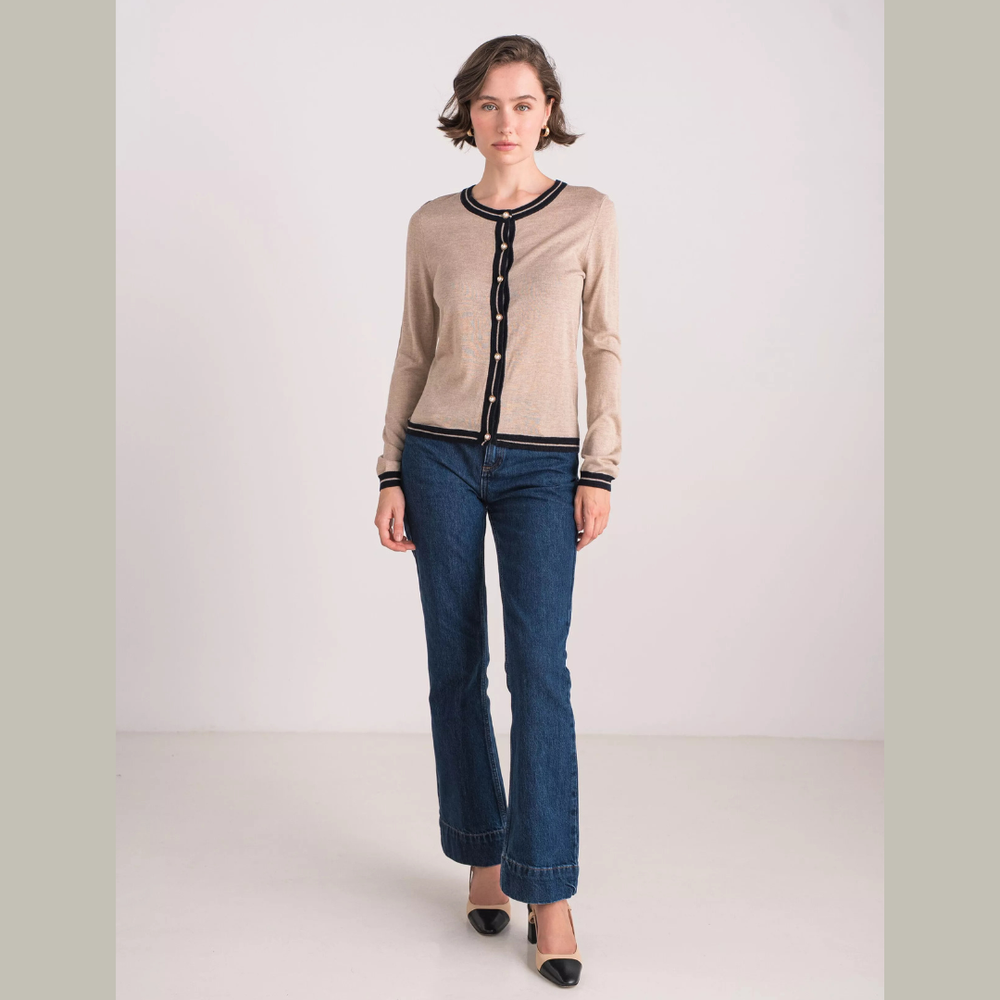 
                      
                        Two-tone silk and cashmere cardigan with pearl buttons
                      
                    