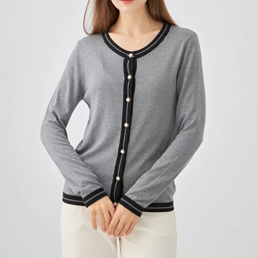 Two-tone silk and cashmere cardigan with pearl buttons