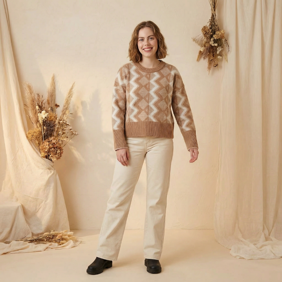 Crew Neck Lambswool Jumper- Natural Oat/ Camel