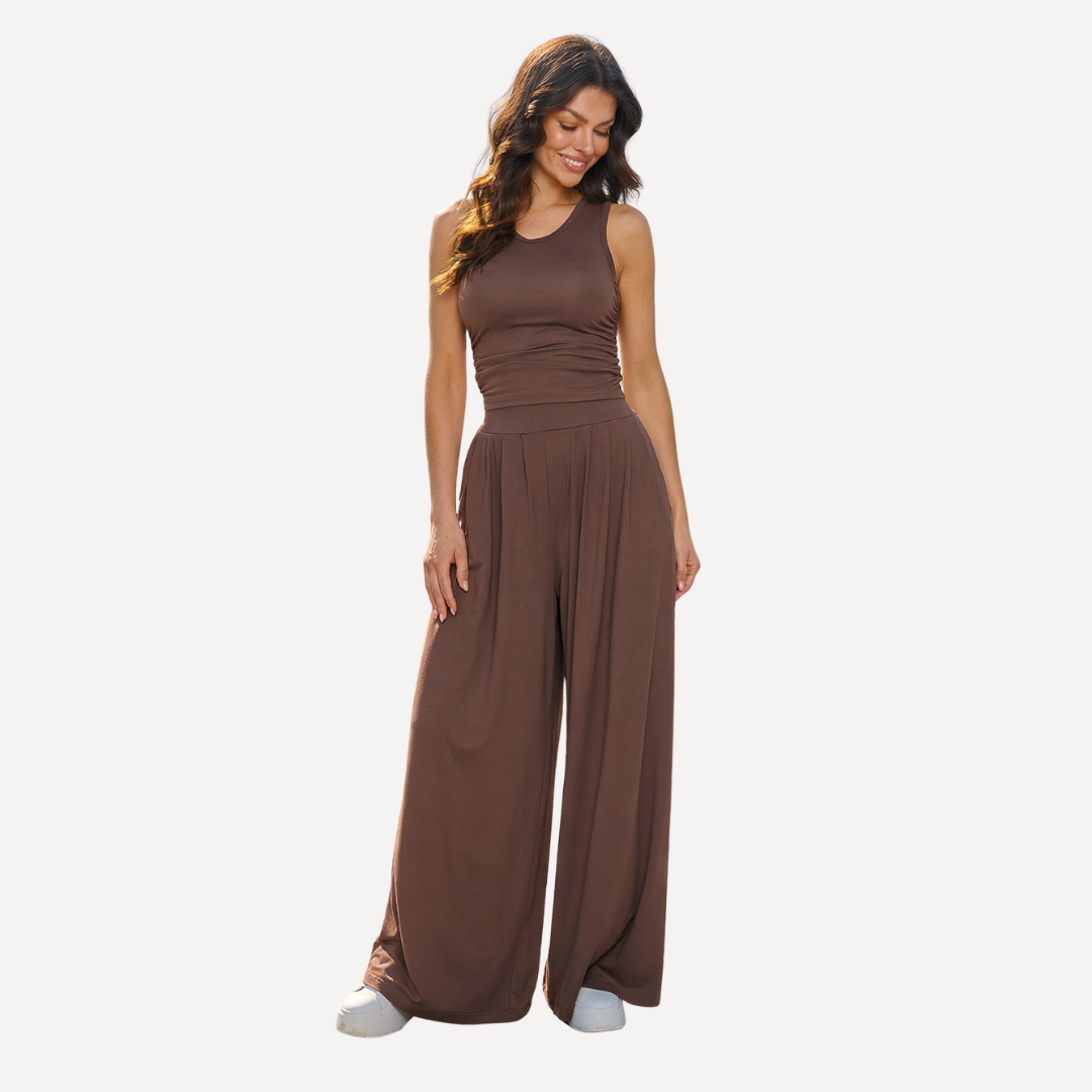 Top & Wide-Leg Trousers Set- Warm Mocha