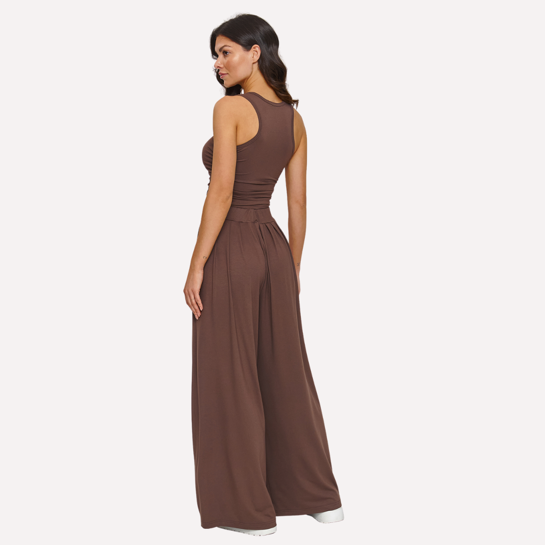 Top & Wide-Leg Trousers Set- Warm Mocha