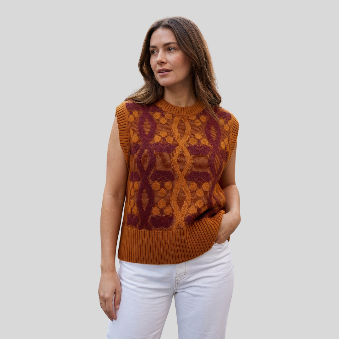 Lambswool Knit Vest – Golden Ochre & Deep Burgundy