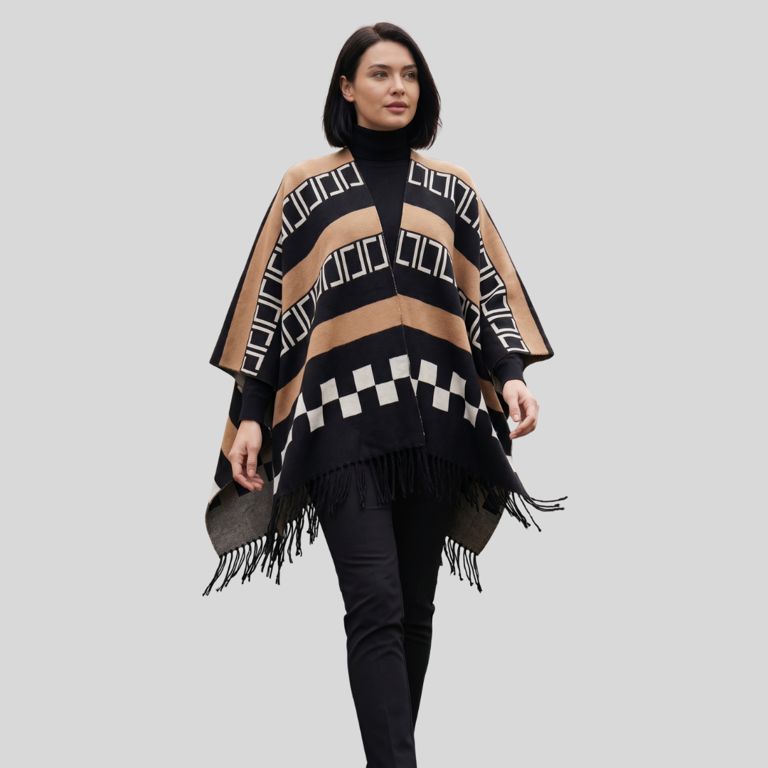 Pattered Poncho With Tassel Detail- Classic Black & Camel