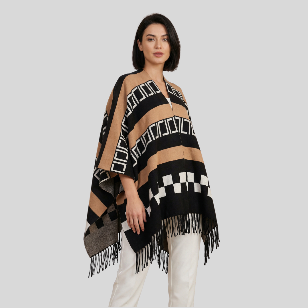 Pattered Poncho With Tassel Detail- Classic Black & Camel