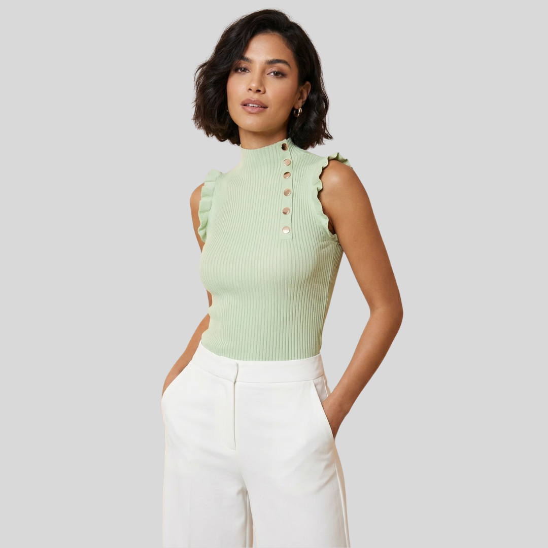 Ribbed Knit Top with Frill Detail – Soft Sage
