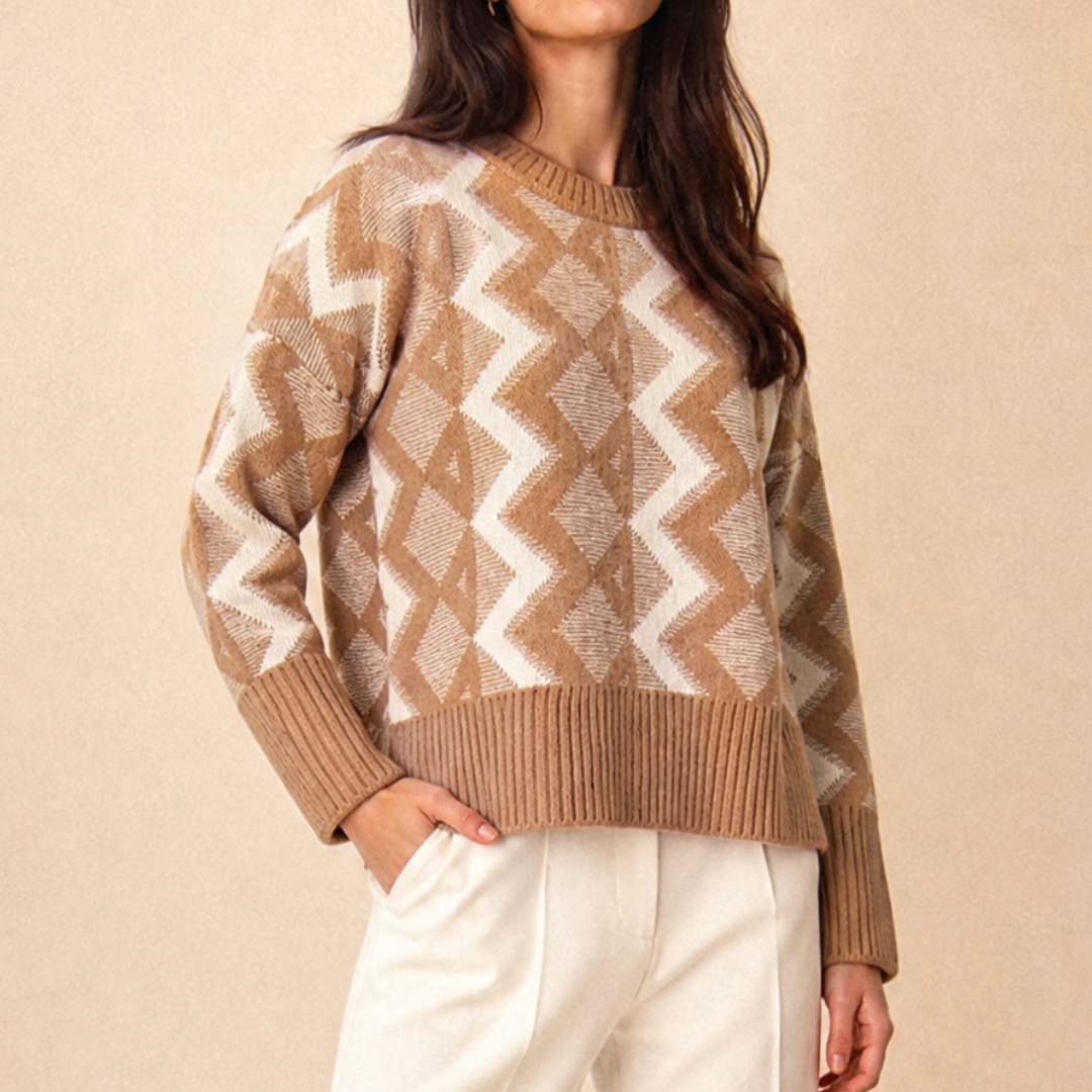 Crew Neck Lambswool Jumper- Natural Oat/ Camel