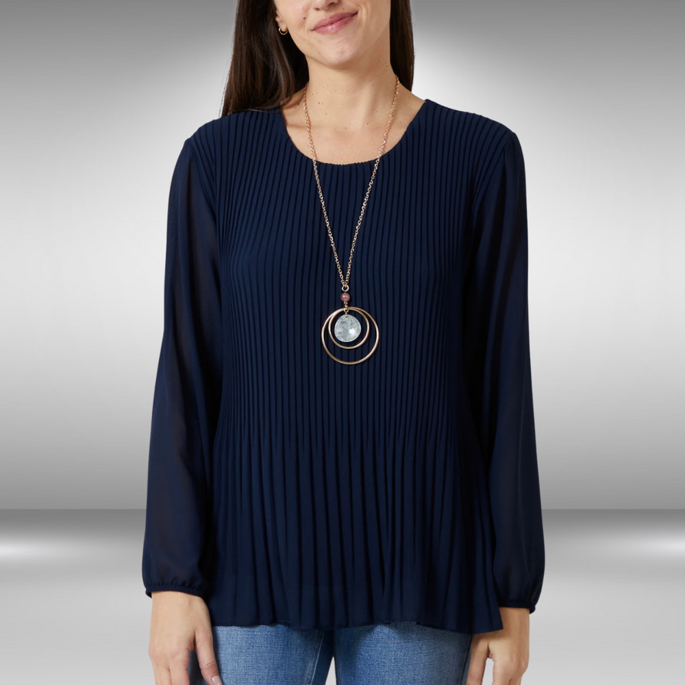 Pleated Long Sleeve Necklace Top - Navy