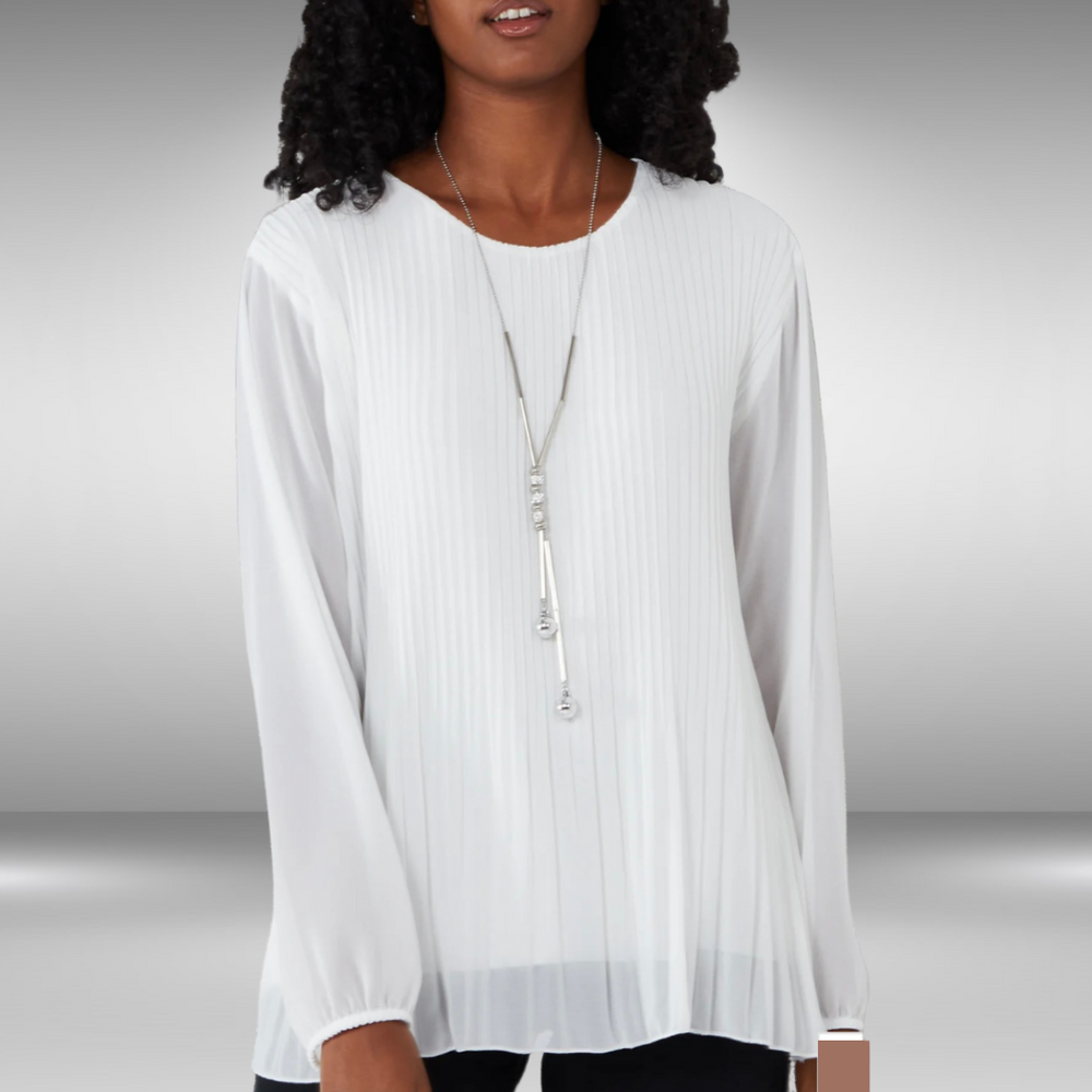 Pleated Long Sleeve Necklace Top - White