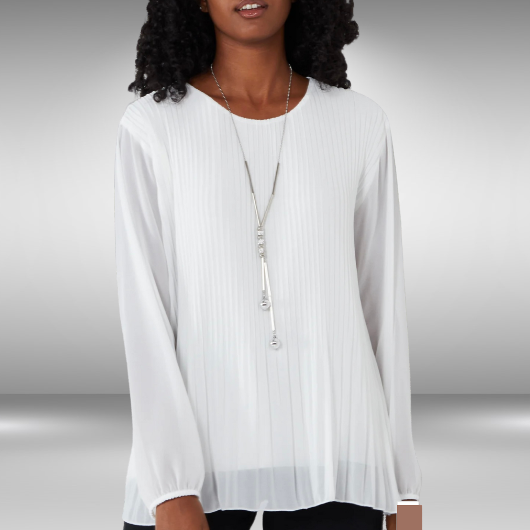 Pleated Long Sleeve Necklace Top - White